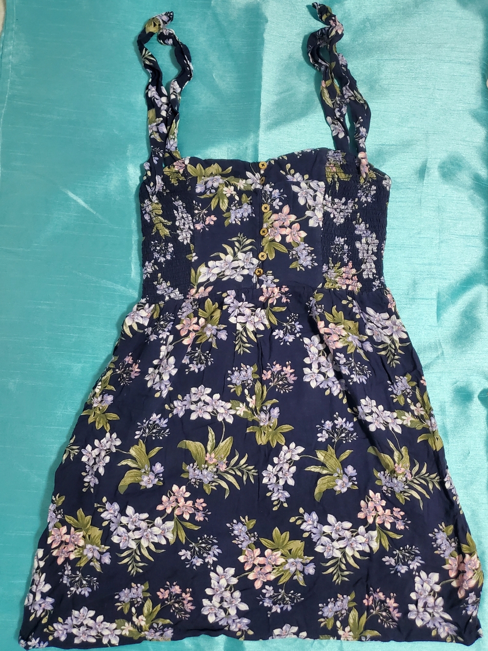 American Eagle Outfitters Navy Floral Button-Front Smocked Top